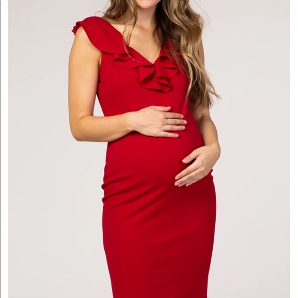 Red Solid Ruffle Neck Dress - Picture 4 of 6